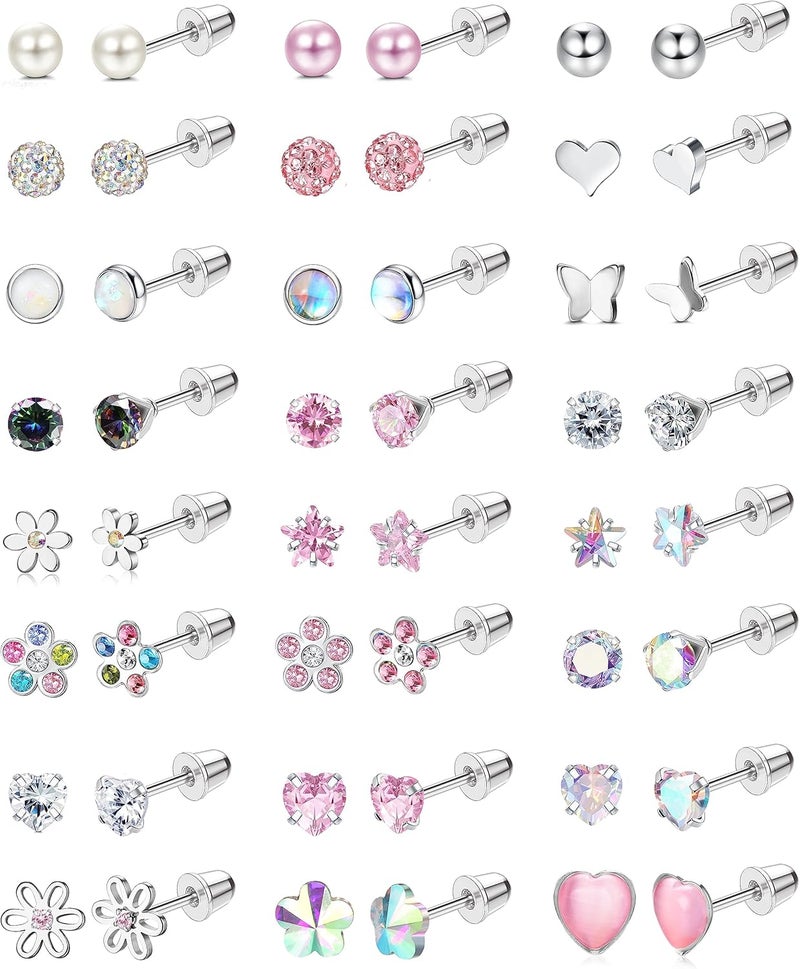Yadoca 24Pairs Hypoallergenic Earrings for Girls Women - 𝑺𝒖𝒓𝒈𝒊𝒄𝒂𝒍 𝑺𝒕𝒆𝒆𝒍 Screw Back Earring Cute Kids Baby Toddler Earrings 4mm Tiny Screwback Flat Back Stud Earring Set Age: Over 3 Years Old - Image 1